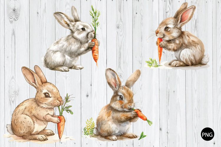Watercolor Bunny with Carrot PNG, Cartoon Bunny PNG