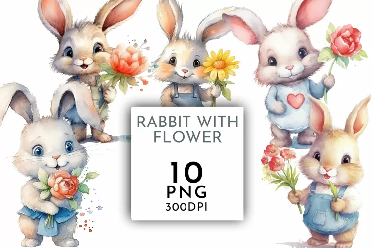 Cute Rabbit with Flower | Watercolor Clipart PNG