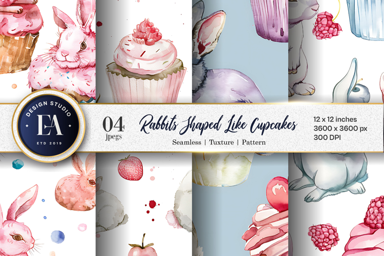 Cupcakes with Rabbits Watercolor Digital Paper | Patten