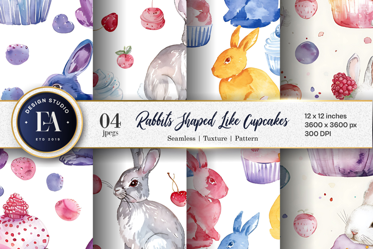 Rabbits Shaped Like Cupcakes Watercolor Digital Paper