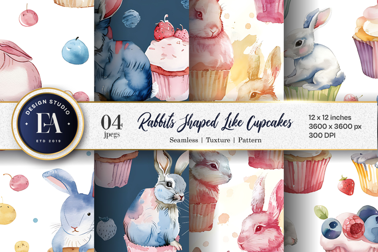 Cupcakes with Rabbits Watercolor Digital Paper | Patten