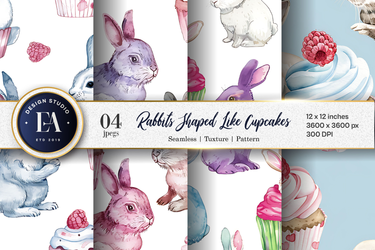 Rabbits Shaped Like Cupcakes Watercolor Digital Paper