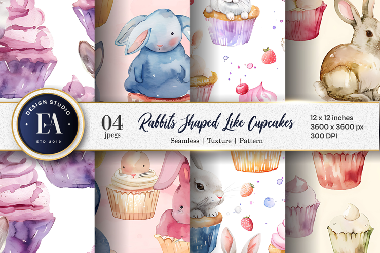Cupcakes with Rabbits Watercolor Digital Paper | Patten