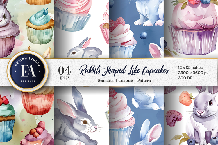 Rabbits Shaped Like Cupcakes Watercolor Digital Paper