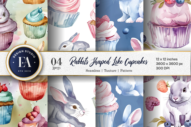 Rabbits Shaped Like Cupcakes Watercolor Digital Paper