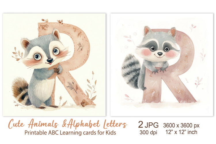 Cute Raccoon, Animal Alphabet Letters ABC Printable cards