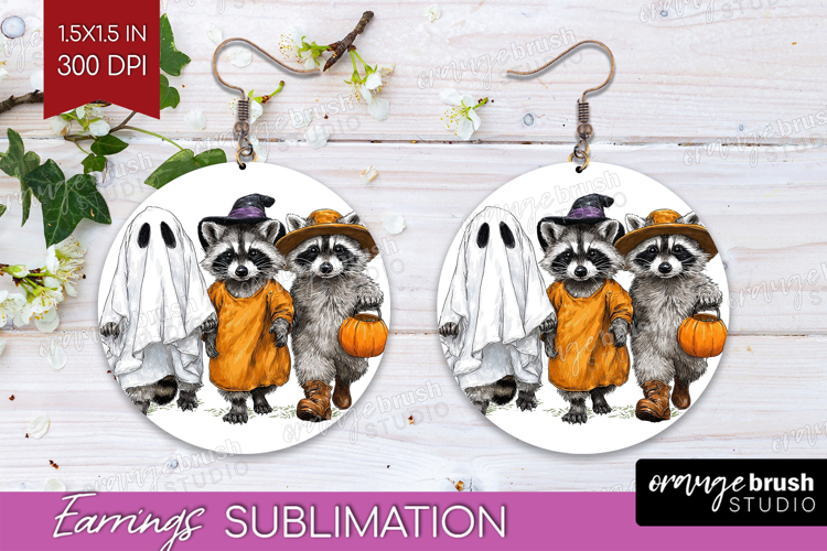 Raccoon Halloween Round Earrings Spooky Season PNG