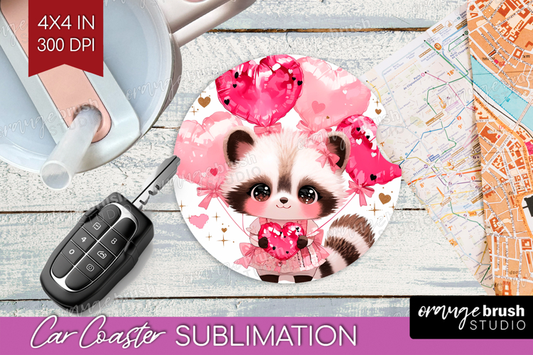 Raccoon Valentine Car Coaster Cute Valentines Day Coaster