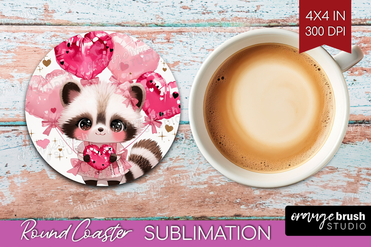 Raccoon Valentine Round Coaster Cute Valentines Day Coaster