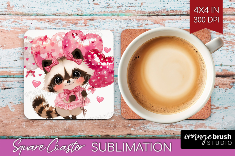 Raccoon Valentine Square Coaster Cute Valentines Day Coaster