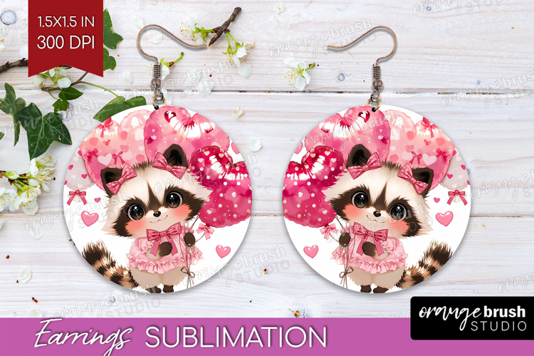 Raccoon Valentine Round Earrings Cute Valentines Day PNG
