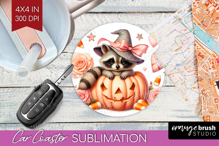 Raccoon Halloween Car Coaster Coquette Coaster PNG