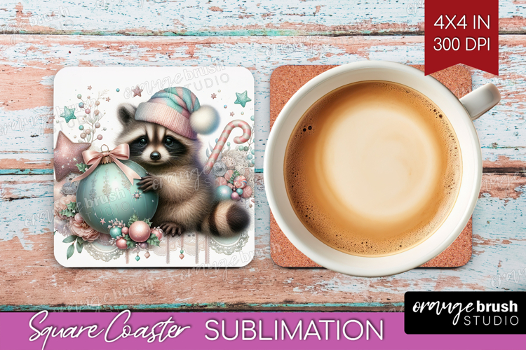 Raccoon Pastel Christmas Square Coaster Coquette Xmas PNG