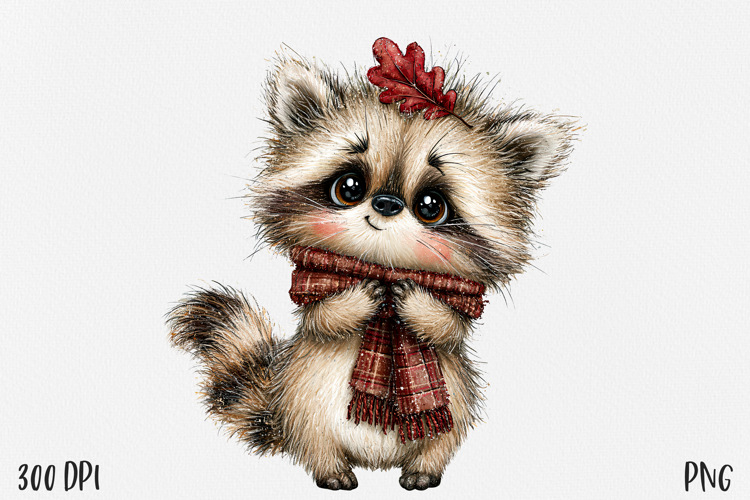 Raccoon PNG, Cute Woodland Raccoon Clipart, Plaid Scarf Fall