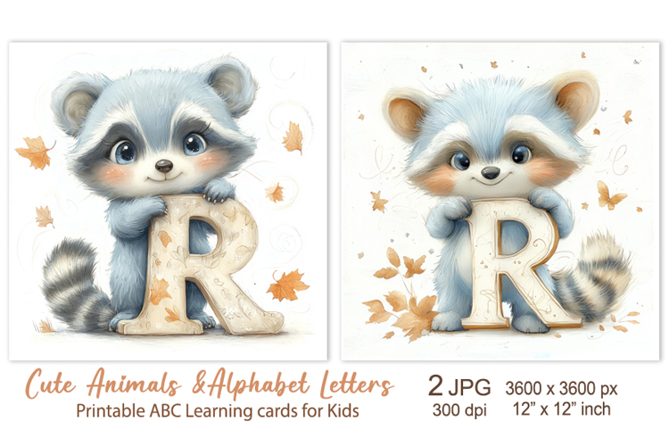 Cute Raccoon, Animal Alphabet Letters ABC Printable cards