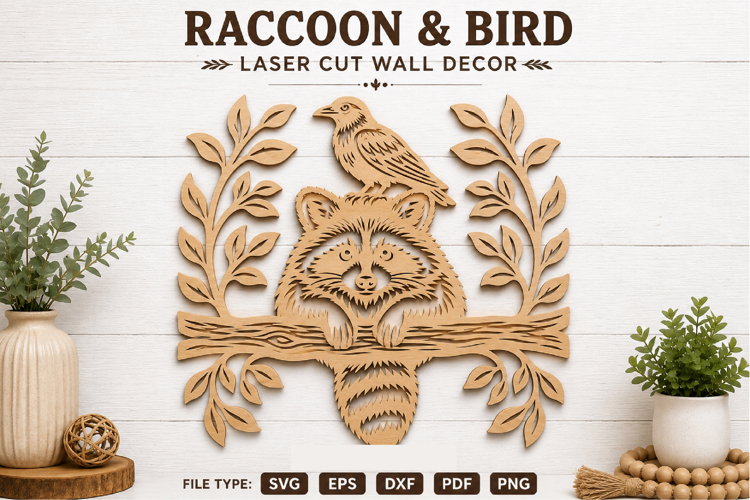 Raccoon & Bird Laser Cut Wall Decor SVG