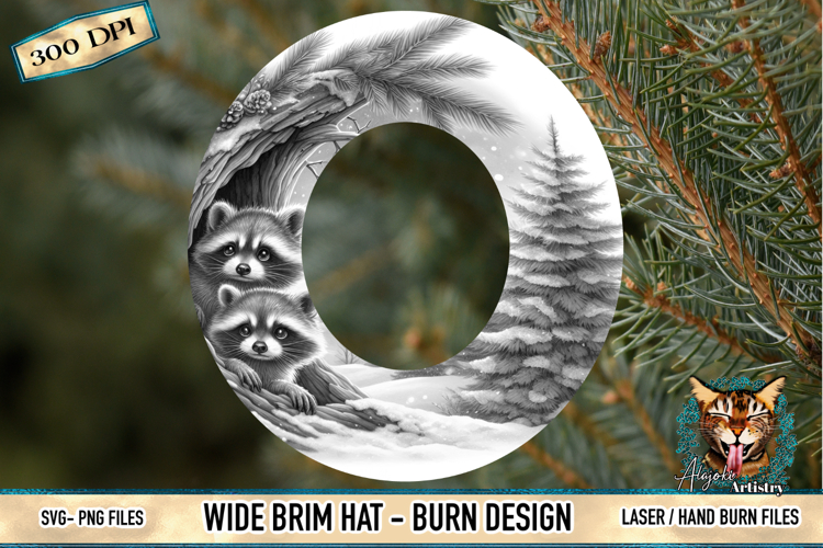 Raccoon Winter Wide Brim Hat Burn Design