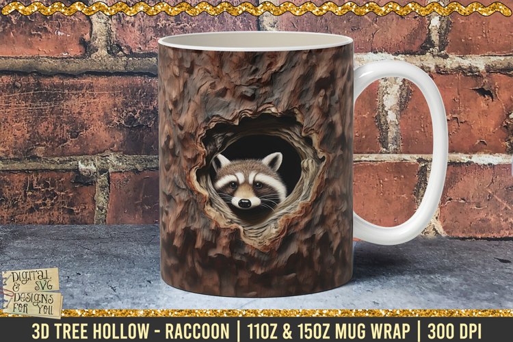 3D Tree Hollow - Raccoon Mug Wrap, 11oz 15oz Template example image 1
