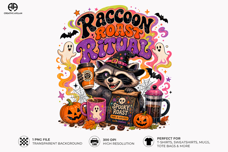 Raccoon Roast Ritual PNG - Funny Halloween Coffee Shirt