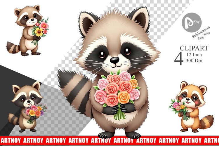 Raccoon Spring Bouquet Clipart