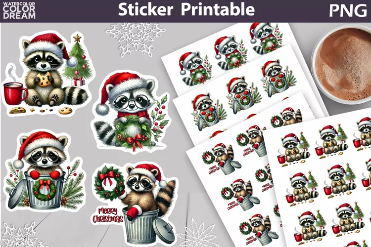 Raccoon Christmas Sticker | Christmas Sticker Printable