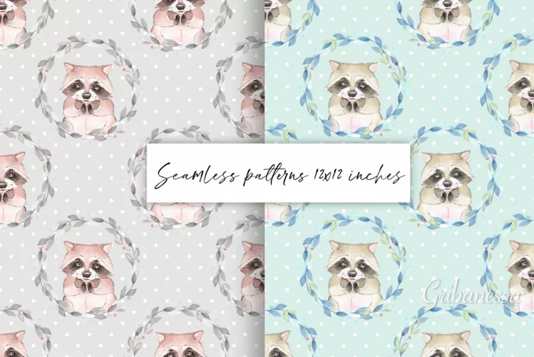 Raccoon watercolor seamless patterns