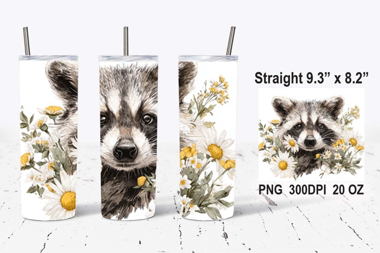 Raccoon With Daisy Flowers Tumbler Wrap, Raccoon PNG