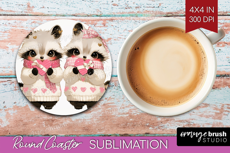 Raccoons Valentine Round Coaster Cute Valentines Day Coaster