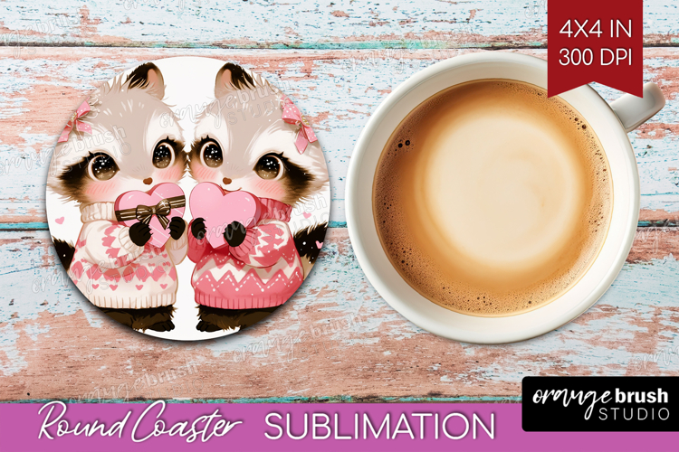 Raccoons Valentine Round Coaster Cute Valentines Day Coaster