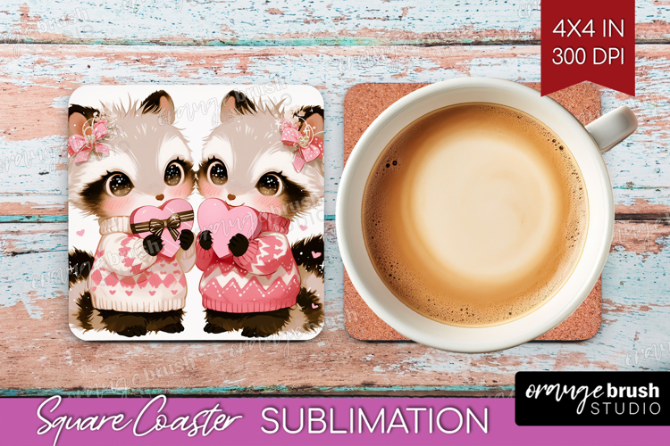 Raccoons Valentine Square Coaster Cute Valentines Day PNG