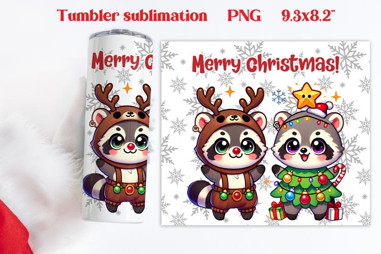 Christmas tumbler wrap | Christmas raccoon tumbler PNG