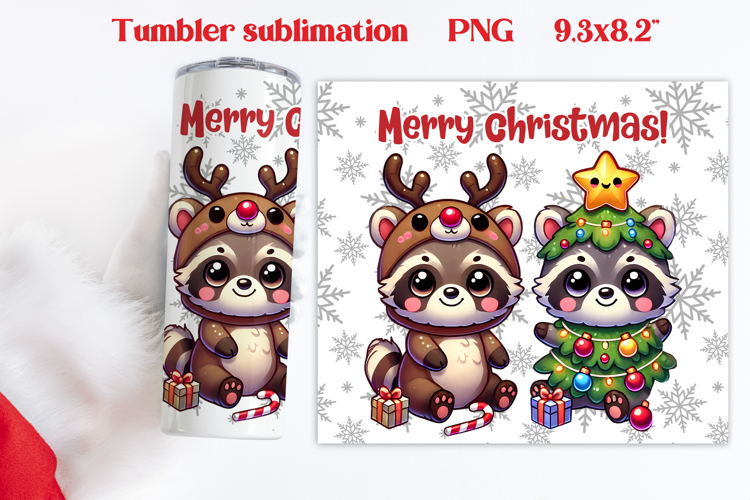 Christmas tumbler wrap | Christmas raccoon tumbler PNG