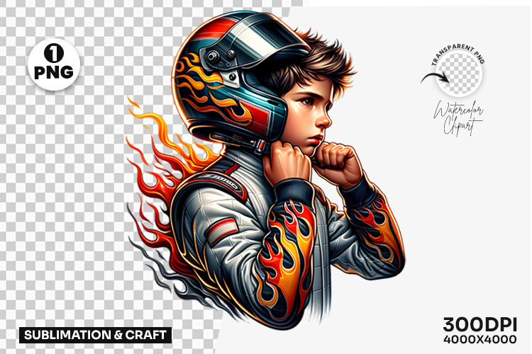 Race Driver with Flames and Helmet PNG Sublimation Design