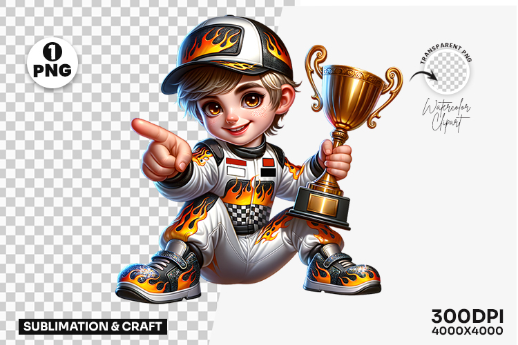 Racing Driver Holding Trophy PNG Sublimation Design