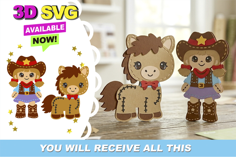 Country Western Rag Cowgirl Doll and Horse 3D SVG