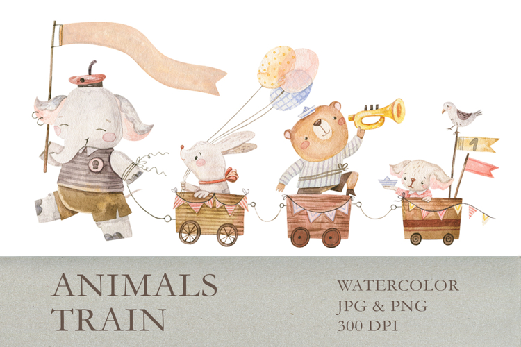 Watercolor Cute Animals Parade Train Elephant Bear Rabbit
