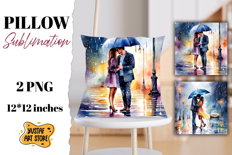Valentine pillow sublimation. Couple in love in the rain example image 1