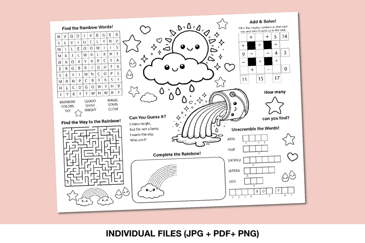 Rainbow Activity Placemat, Coloring Printable Sheet for Kids