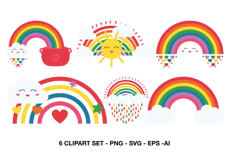 Rainbow Clipart with Clouds Hearts Sun Rain and Pot of Gold