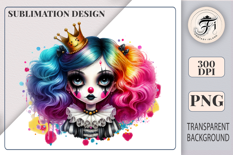 Watercolor Rainbow Clown Princess | Halloween Sublimation