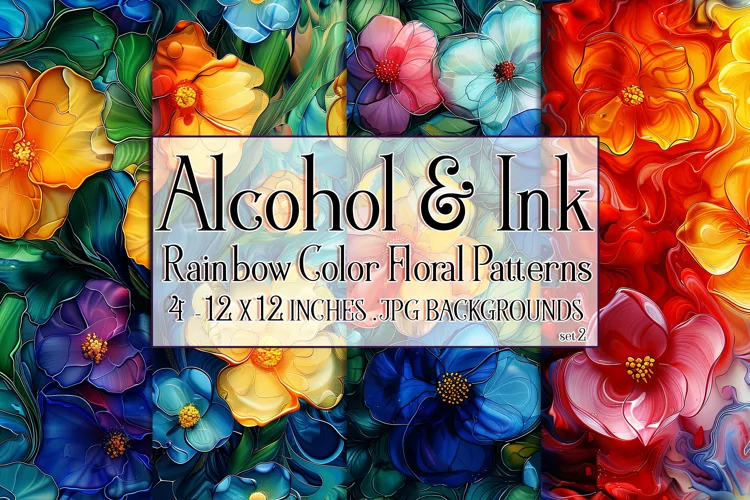 Alcohol Ink Rainbow Colors Floral Patterns, Watercolor, s2