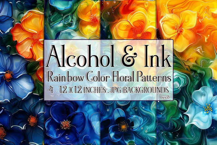 Alcohol Ink Rainbow Colors Floral Patterns, Watercolor, s3