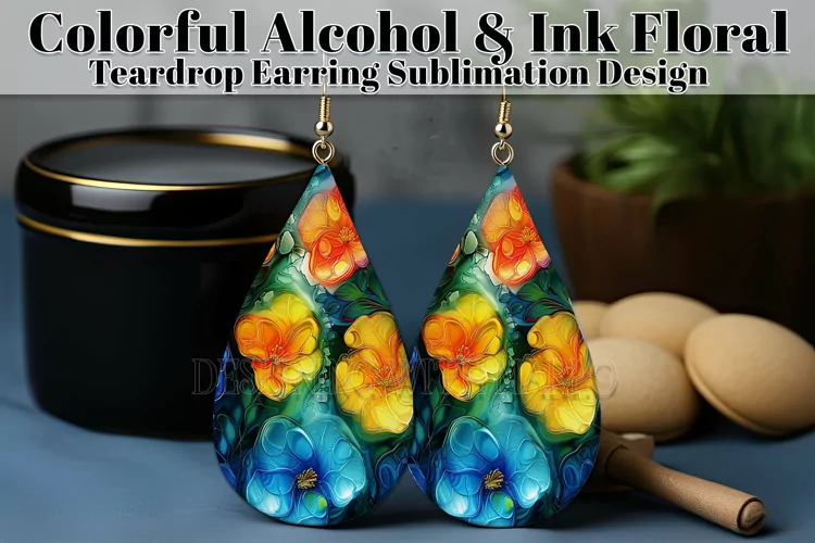 Alcohol Ink Teardrop Earring Design, Floral Earring Design 1
