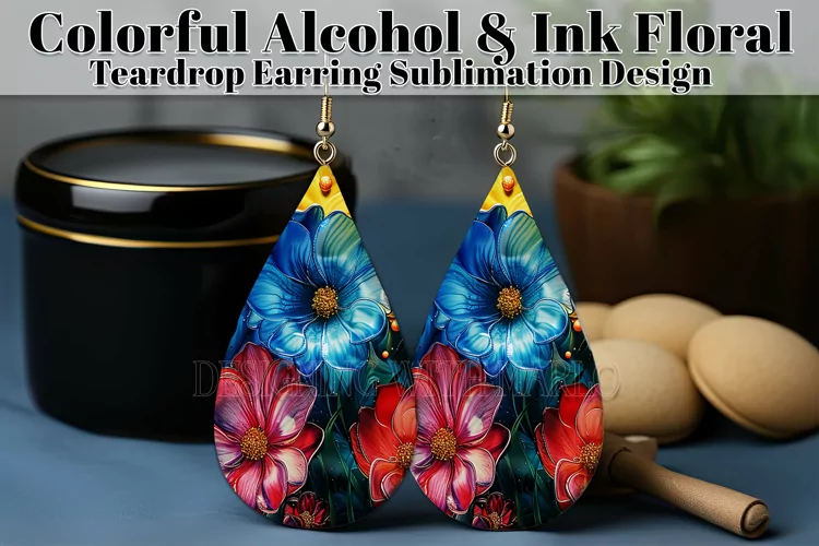 Alcohol Ink Teardrop Earring Design, Floral Earring PNG 10