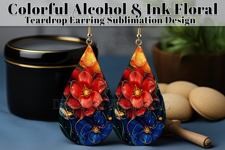 Alcohol Ink Teardrop Earring Design, Floral Earring PNG 11