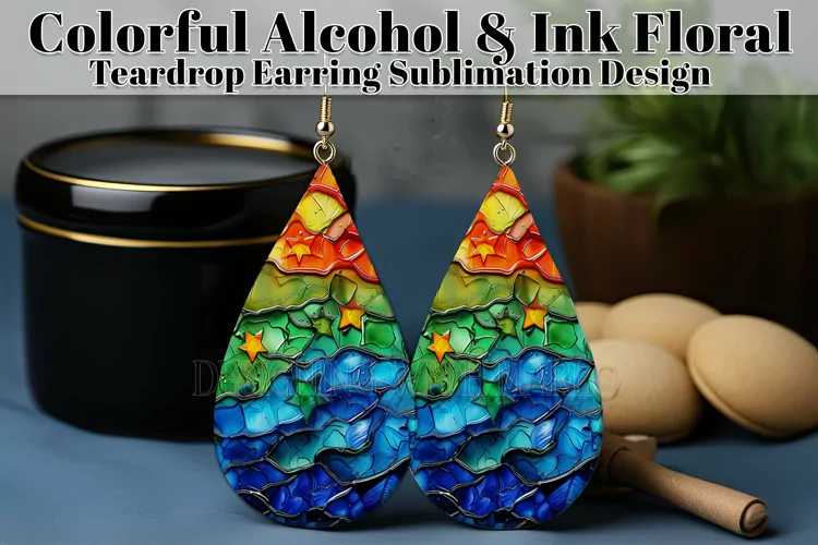 Alcohol Ink Teardrop Earring Design, Floral Earring PNG 12