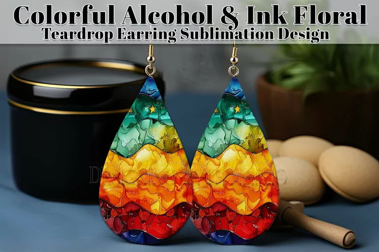 Alcohol Ink Teardrop Earring Design, Floral Earring PNG 13