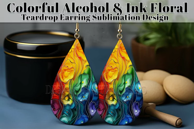 Alcohol Ink Teardrop Earring Design, Floral Earring PNG 14