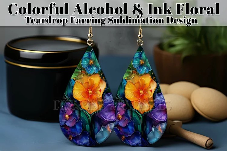 Alcohol Ink Teardrop Earring Design, Floral Earring Design 3