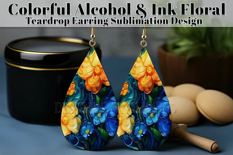 Alcohol Ink Teardrop Earring Design, Floral Earring Design 4